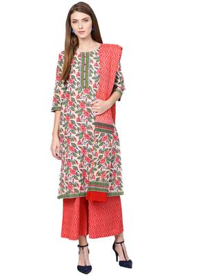Off-white printed cotton kurta with palazzo and dupatta 1