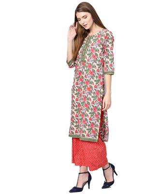 Off-white printed cotton kurta with palazzo and dupatta 3