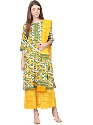 Off-white printed cotton kurta with palazzo and dupatta 1