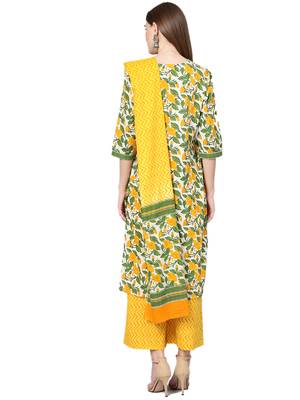 Off-white printed cotton kurta with palazzo and dupatta 2