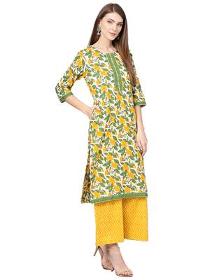 Off-white printed cotton kurta with palazzo and dupatta 3