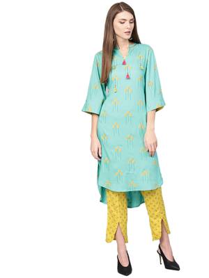 Blue printed liva kurta with tulip trousers 1