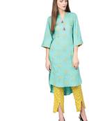 Blue printed liva kurta with tulip trousers