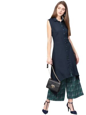 Navy-blue printed liva kurta with palazzo 1