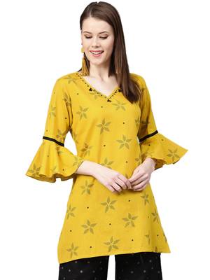 Yellow printed cotton kurtas-and-kurtis 1