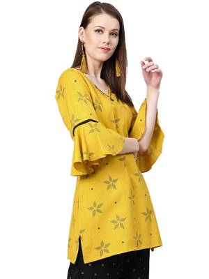 Yellow printed cotton kurtas-and-kurtis 3
