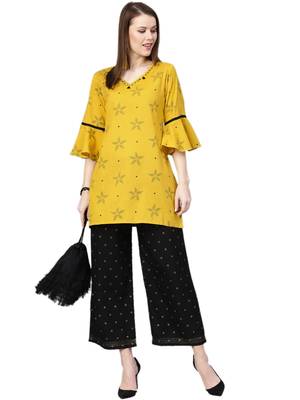 Yellow printed cotton kurtas-and-kurtis 4