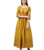 Yellow printed cotton kurtas-and-kurtis