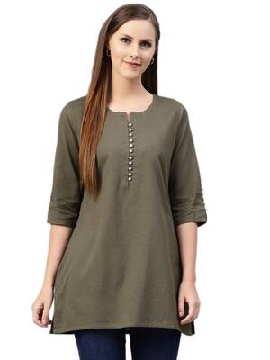 Olive plain cotton kurtas-and-kurtis 1
