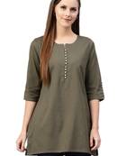 Olive plain cotton kurtas-and-kurtis