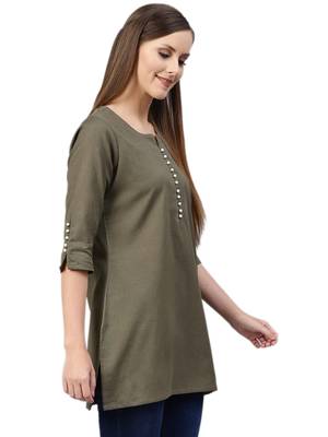 Olive plain cotton kurtas-and-kurtis 3