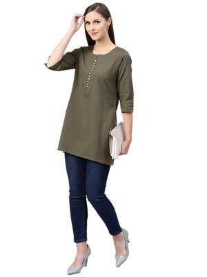 Olive plain cotton kurtas-and-kurtis 4