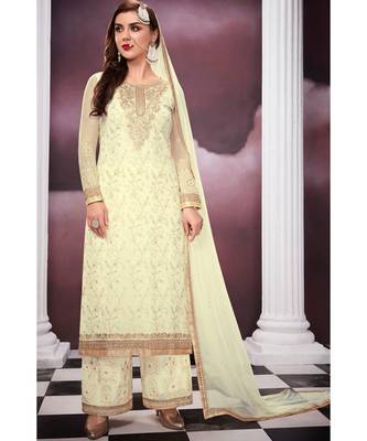 cream embroidered georgette semi stitched salwar with dupatta 1