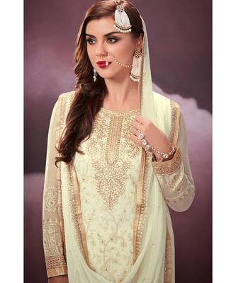 cream embroidered georgette semi stitched salwar with dupatta 2