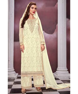 cream embroidered georgette semi stitched salwar with dupatta 3
