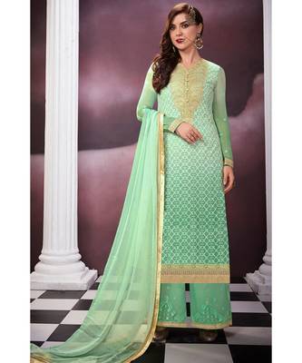 sea-green embroidered georgette semi stitched salwar with dupatta 1
