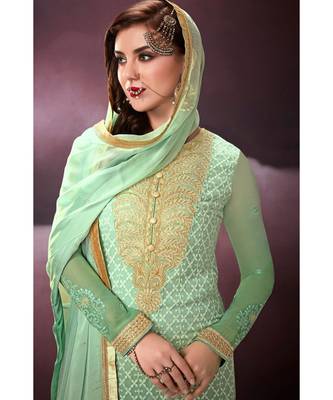 sea-green embroidered georgette semi stitched salwar with dupatta 2