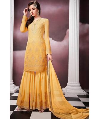 yellow embroidered georgette semi stitched salwar with dupatta 1