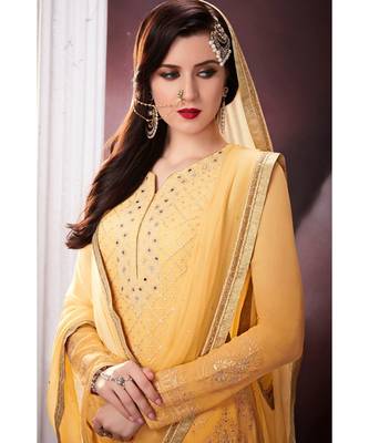 yellow embroidered georgette semi stitched salwar with dupatta 2