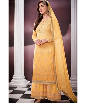 yellow embroidered georgette semi stitched salwar with dupatta 3