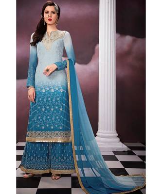 blue embroidered georgette semi stitched salwar with dupatta 1
