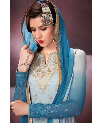 blue embroidered georgette semi stitched salwar with dupatta 2