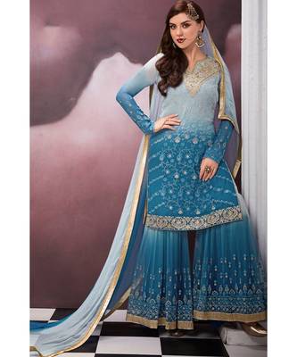 blue embroidered georgette semi stitched salwar with dupatta 3