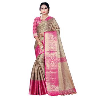Beige woven banarasi silk saree with blouse 1