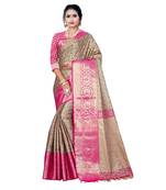 Beige woven banarasi silk saree with blouse