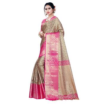 Beige woven banarasi silk saree with blouse 2