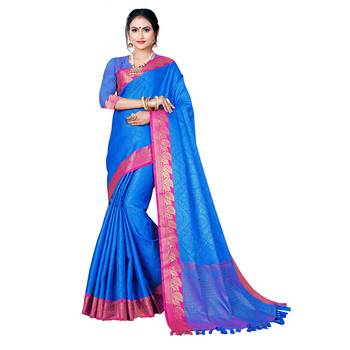 Blue woven banarasi silk saree with blouse 1