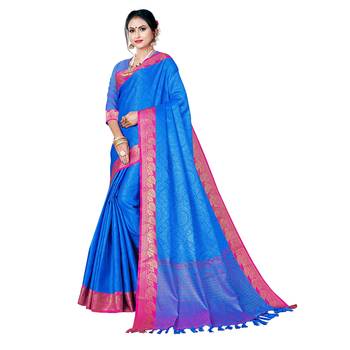 Blue woven banarasi silk saree with blouse 2
