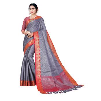 Grey woven banarasi silk saree with blouse 1