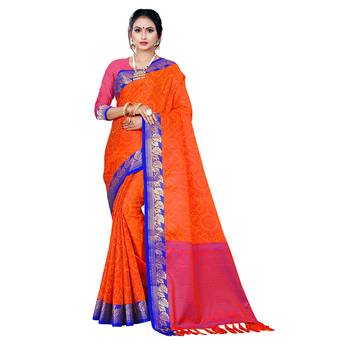 Orange woven banarasi silk saree with blouse 1
