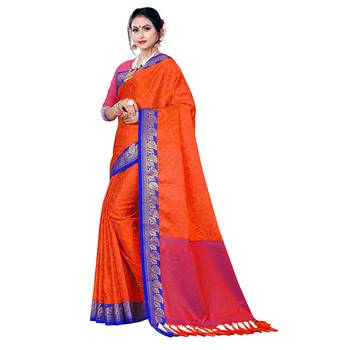 Orange woven banarasi silk saree with blouse 2