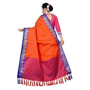 Orange woven banarasi silk saree with blouse 3