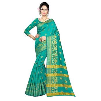 Green woven silk blend saree with blouse 1