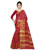 Maroon woven silk blend saree with blouse