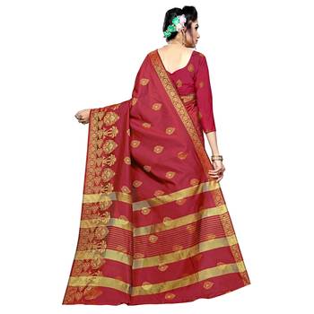 Maroon woven silk blend saree with blouse 3