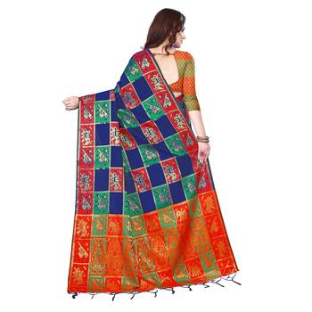 Blue woven banarasi silk saree with blouse 3