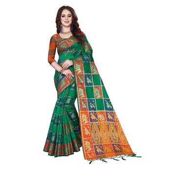 Green woven banarasi silk saree with blouse 1