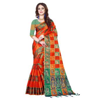 Orange woven banarasi silk saree with blouse 1