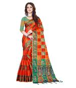 Orange woven banarasi silk saree with blouse