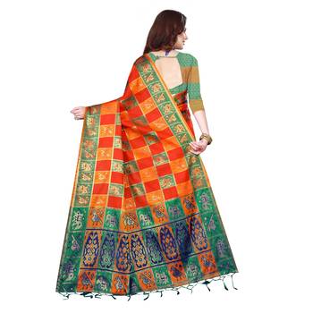 Orange woven banarasi silk saree with blouse 3