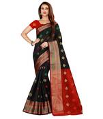 Black woven poly silk saree with blouse