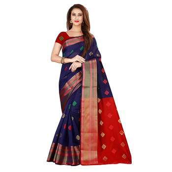 Blue woven poly silk saree with blouse 1