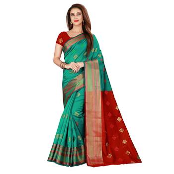Green woven poly silk saree with blouse 1