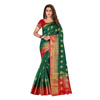 Green woven nylon saree with blouse 1