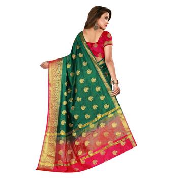 Green woven nylon saree with blouse 3