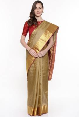 CLASSICATE From The House Of The Chennai Silks Women's Beige Dharmavaram Silk Saree With Running Blouse 1